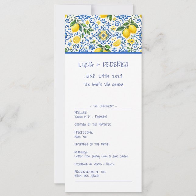 Modern lemon mediterranean tile wedding program (Front)