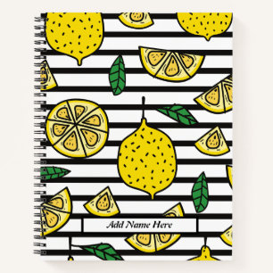 Modern Lemon on Black & White Striped Background Notebook