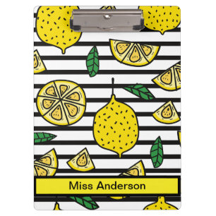 Modern Lemon Patten on Black and White Striped Clipboard