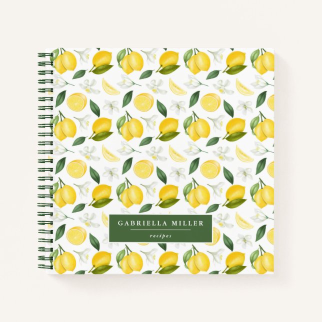 Modern Lemon Pattern Personalized Recipe Notebook (Front)