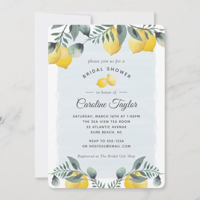 Modern Lemon Watercolor Greenery Bridal Shower Invitation (Front)