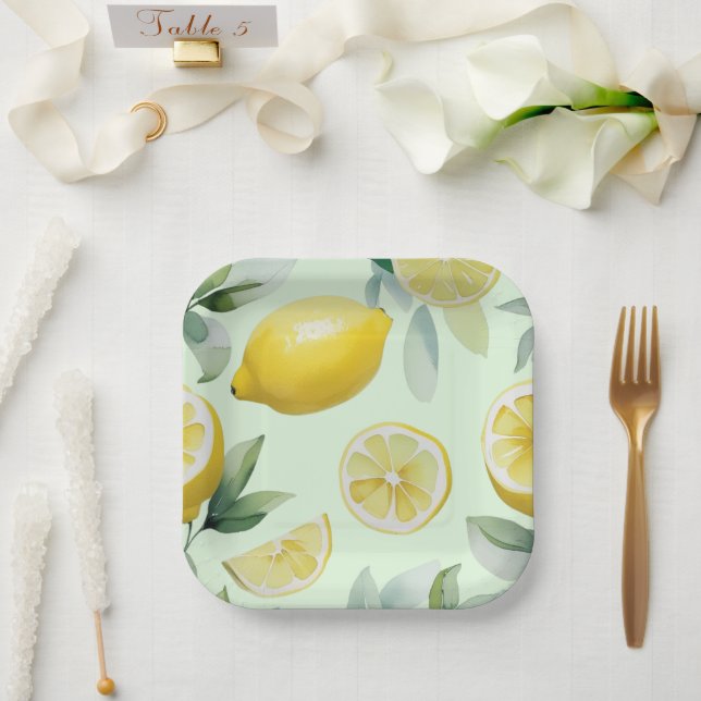 Modern lemon yellow floral script bridal shower paper plate (Wedding)