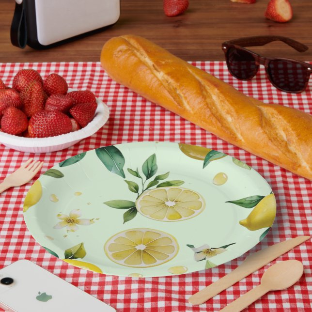 Modern lemon yellow floral script bridal shower paper plate (Picnic)