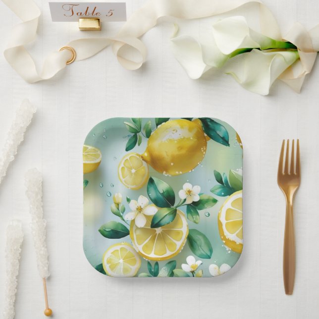 Modern lemon yellow floral script bridal shower paper plate (Wedding)