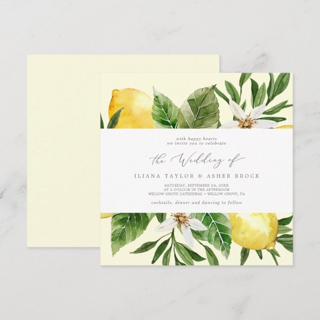 Modern Lemon | Yellow Square Wedding Invitation (Front/Back)