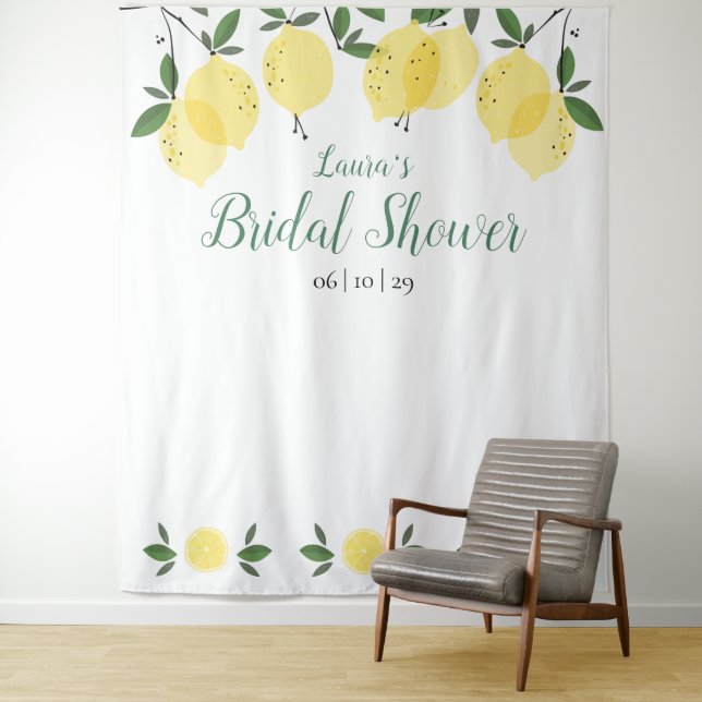 Modern Lemons Bridal Shower Photo Booth Backdrop Tapestry (In Situ)