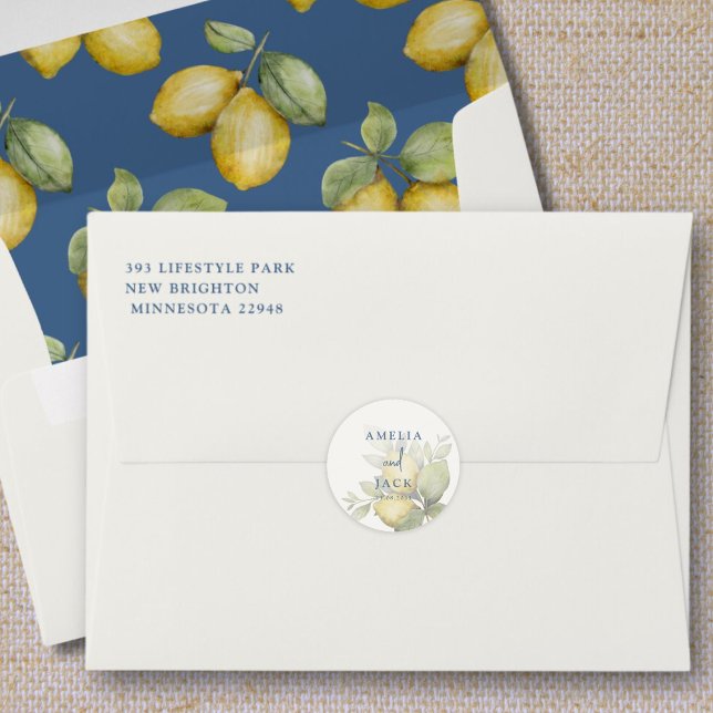 Modern Lemons Watercolor Wedding Classic Round Sticker (Creator Uploaded)