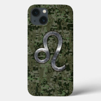 Modern Leo Zodiac Sign on Green Digital Camo