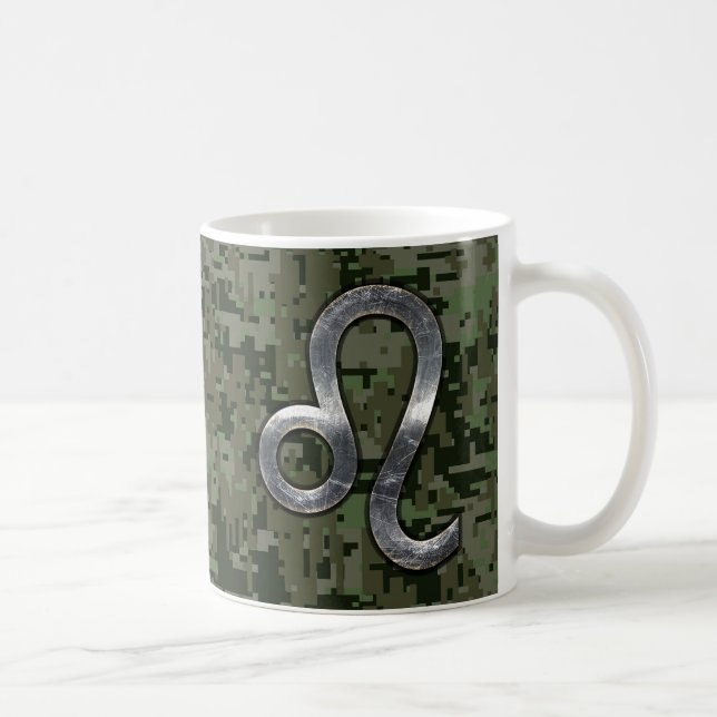 Modern Leo Zodiac Sign on Green Digital Camo Coffee Mug (Right)