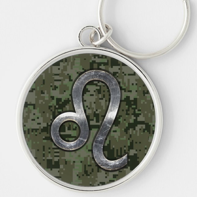 Modern Leo Zodiac Sign on Green Digital Camo Keychain (Front)