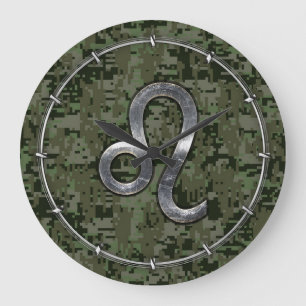 Modern Leo Zodiac Sign on Green Digital Camo Large Clock