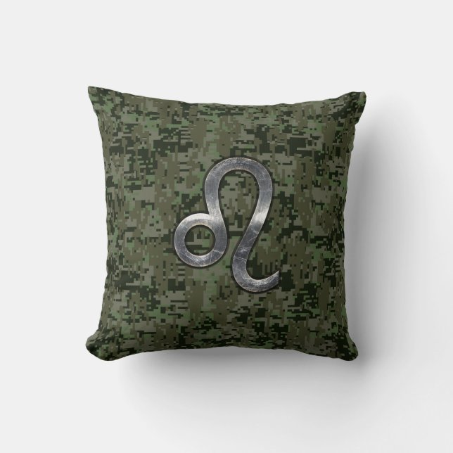 Modern Leo Zodiac Sign on Green Digital Camo Throw Pillow (Front)