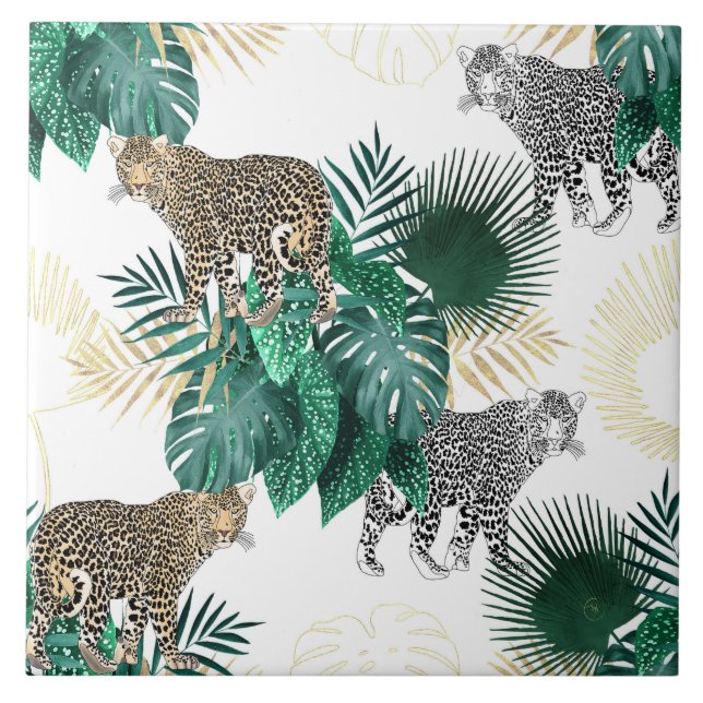 Modern leopard and tropical leaves design tile (Front)