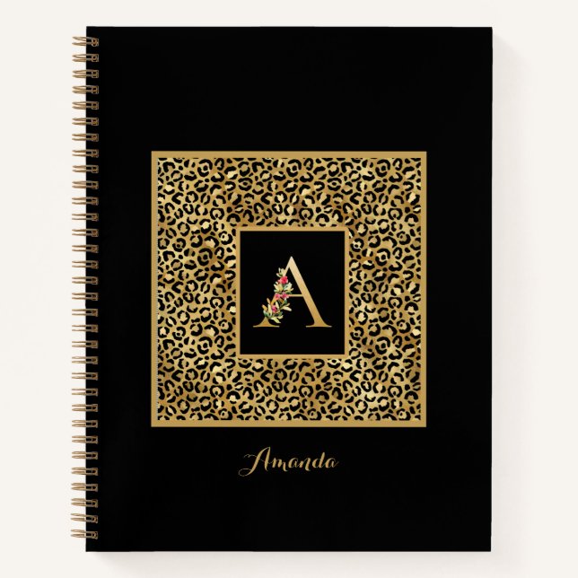 Modern Leopard Gold Personal Monogram Letter A Notebook (Front)