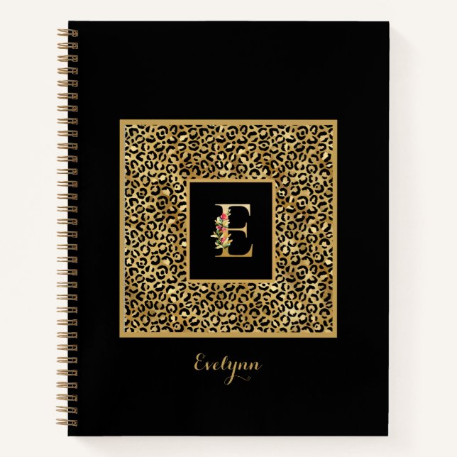 Modern Leopard Gold Personal Monogram Letter E Notebook (Front)
