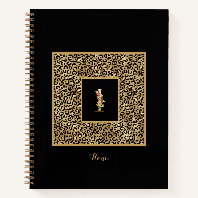 Modern Leopard Gold Personal Monogram Letter I Notebook (Front)