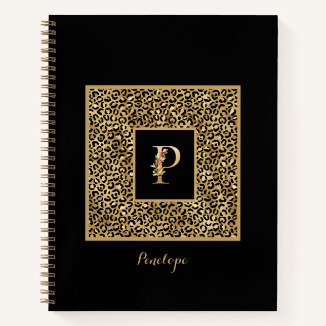Modern Leopard Gold Personal Monogram Letter P Notebook (Front)