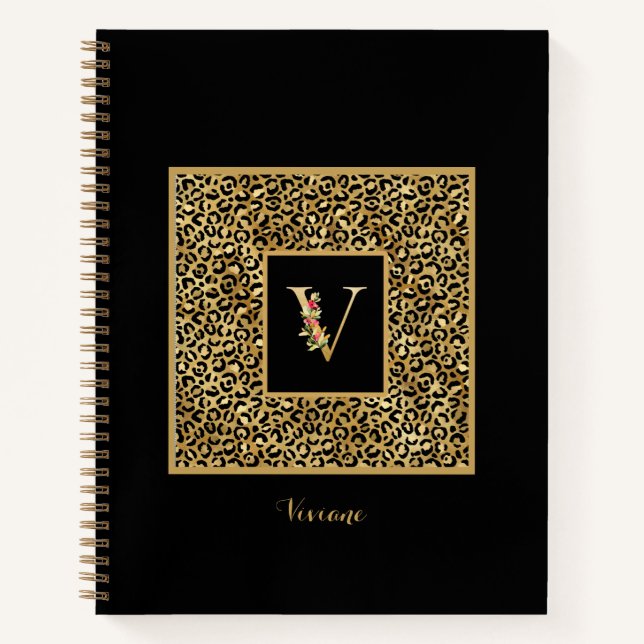 Modern Leopard Gold Personal Monogram Letter V Notebook (Front)