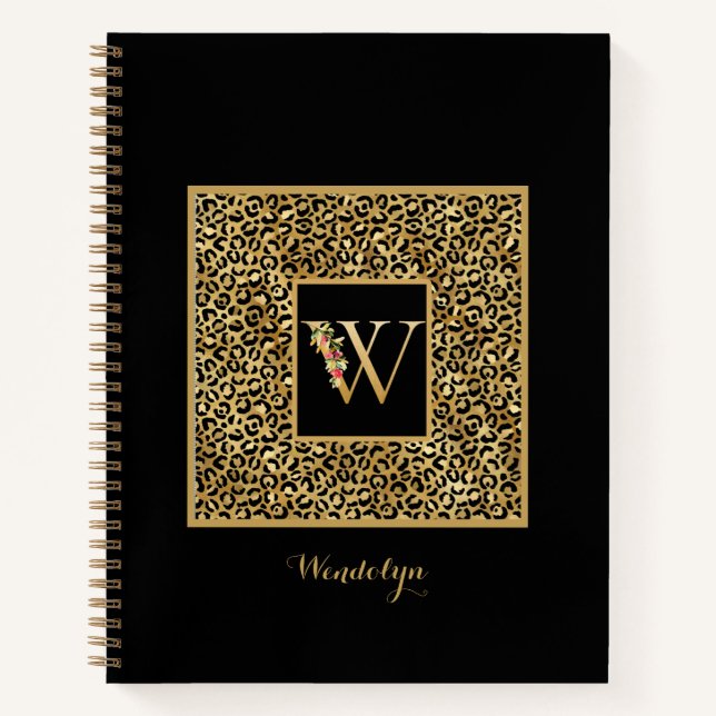 Modern Leopard Gold Personal Monogram Letter W Notebook (Front)