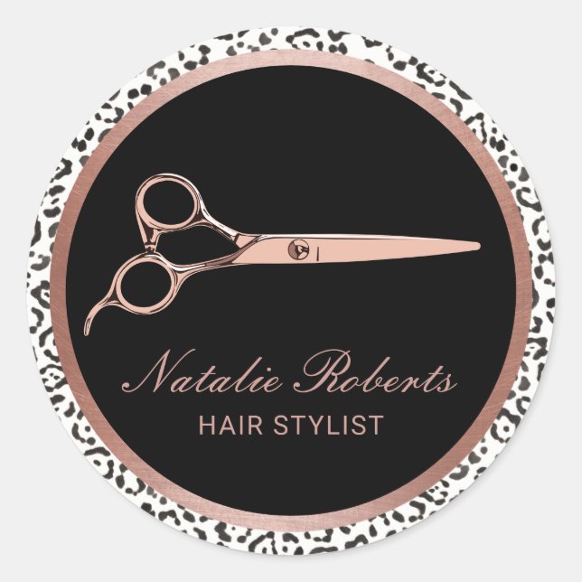 Modern Leopard Hair Stylist Rose Gold Scissor Classic Round Sticker (Front)