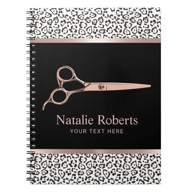 Modern Leopard Hair Stylist Rose Gold Scissor Notebook (Front)