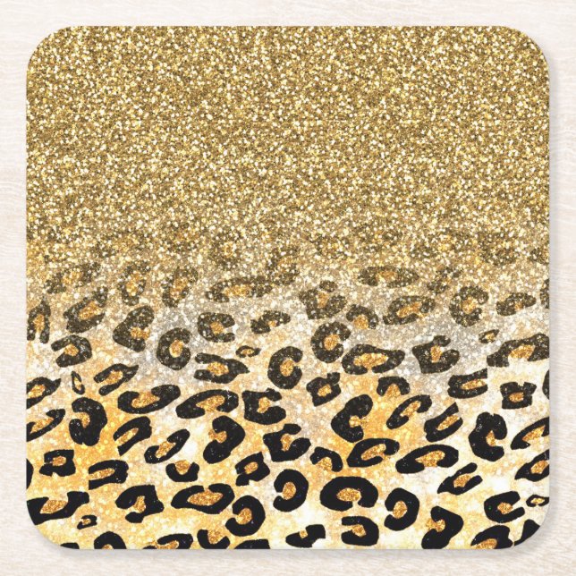  Modern Leopard Pattern Gold Glitter Ombre Square Paper Coaster (Front)