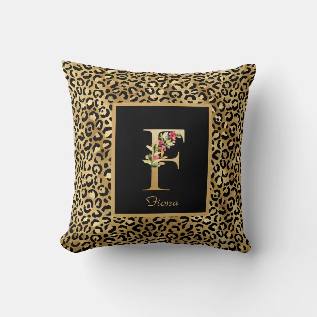 Modern Leopard Personalized Monogram F Initial Throw Pillow (Front)