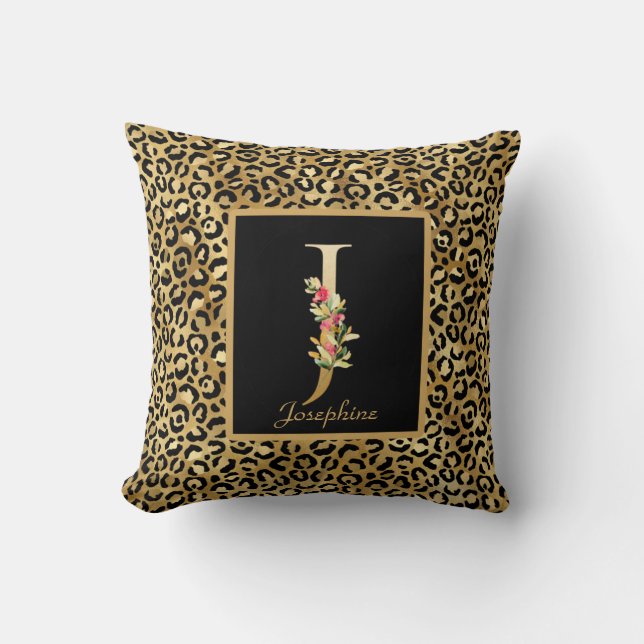 Modern Leopard Personalized Monogram J Initial Throw Pillow (Front)