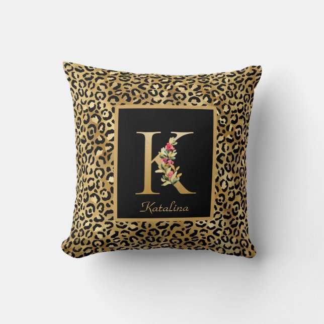 Modern Leopard Personalized Monogram K Initial Throw Pillow (Front)