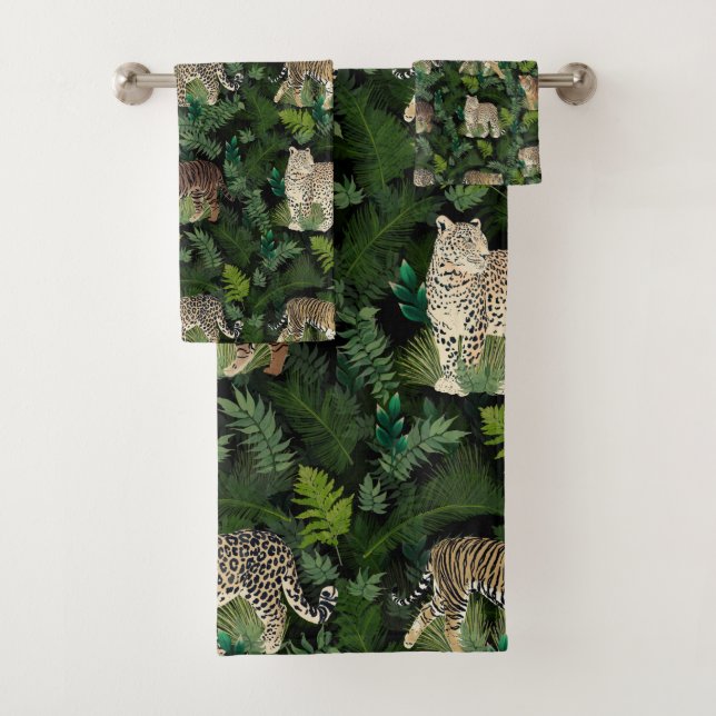 Modern Leopards Tigers Jungle Plants Black Design Bath Towel Set (Insitu)