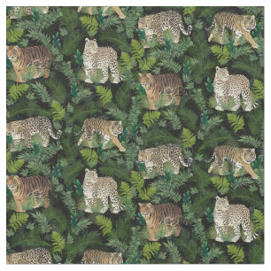 Modern Leopards Tigers Jungle Plants Black Design Fabric