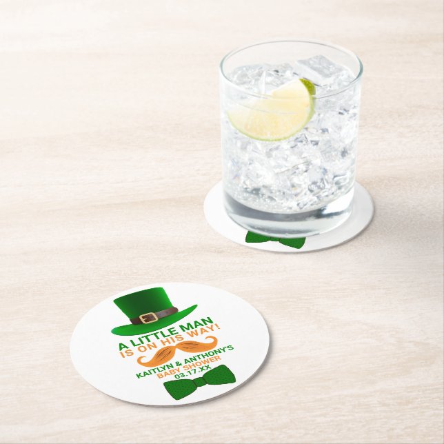 Modern Leprechaun St. Patrick's Day Baby Shower Round Paper Coaster (Insitu)