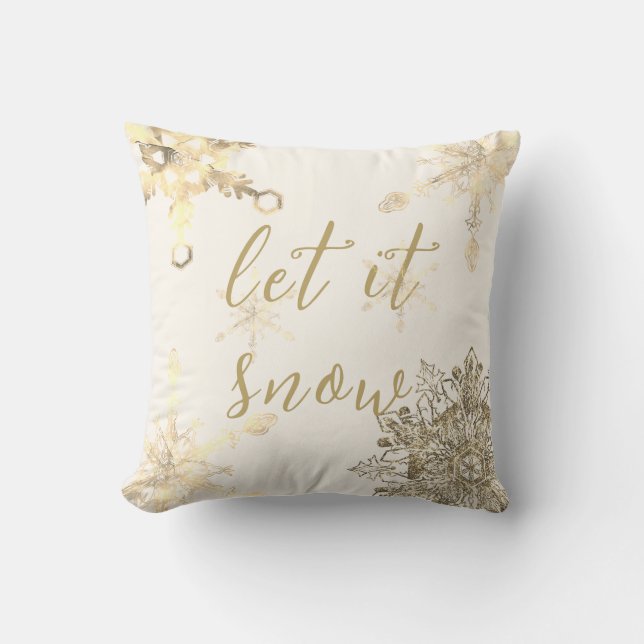 Modern Let it Snow Golden Sparkling Snowflakes Throw Pillow (Front)