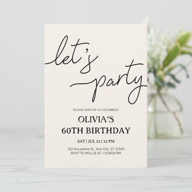 Modern Let’s Party 60th Birthday Invitation (Standing Front)