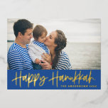 Modern Lettering Blue Happy Hanukkah Photo Foil Holiday Postcard<br><div class="desc">Happy Hanukkah! Send Hanukkah wishes to family and friends with this customizable gold foil Hanukkah postcard. It features modern calligraphy. Personalize by adding names and a photo. This gold foil Happy Hanukkah script card is available in other cardstock.</div>