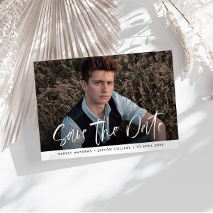 Modern lettering graduation save the date postcard
