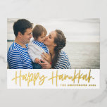 Modern Lettering Happy Hanukkah Photo Foil Holiday Postcard<br><div class="desc">Happy Hanukkah! Send Hanukkah wishes to family and friends with this customizable gold foil Hanukkah postcard. It features modern calligraphy. Personalize by adding names and a photo. This gold foil Happy Hanukkah script card is available in other cardstock.</div>