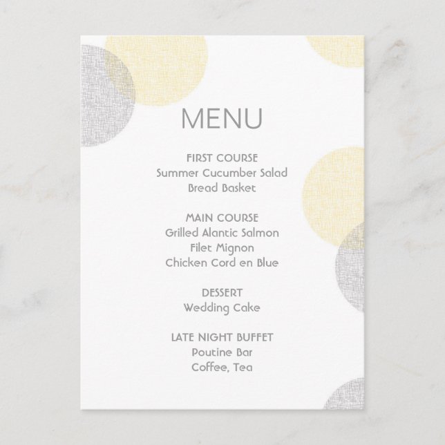 Modern Letterpress Style Circle Wedding Menu Card (Front)