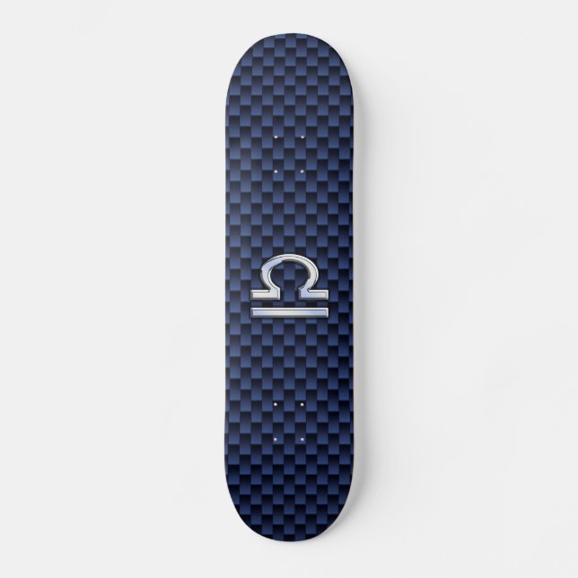 Modern Libra Sign on Navy Blue Carbon Fibre Skateboard (Front)