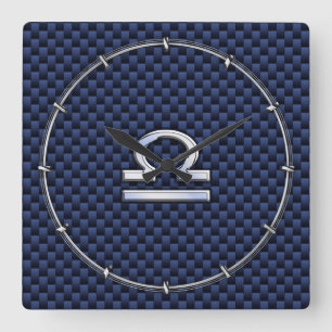 Modern Libra Sign on Navy Blue Carbon Fibre Square Wall Clock