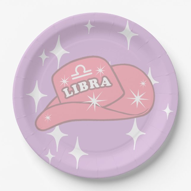 Modern Libra Zodiac Cowgirl Hat Lilac Party Paper Plate (Front)