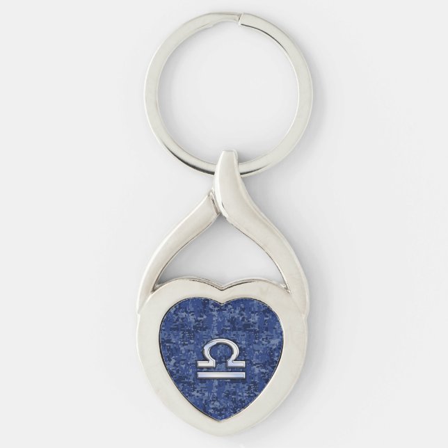 Modern Libra Zodiac Sign on blue digital camo Keychain (Front)
