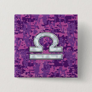 Modern Libra Zodiac Symbol on Fuchsia Digital Camo 2 Inch Square Button