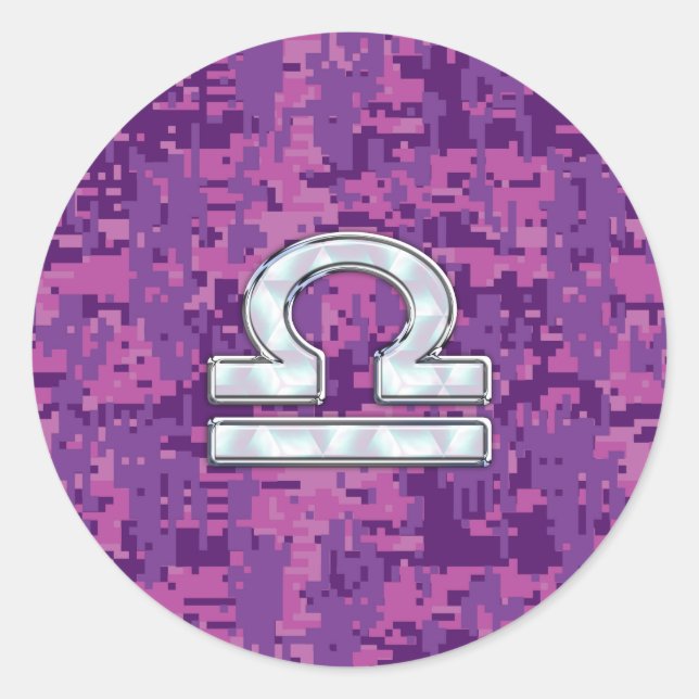 Modern Libra Zodiac Symbol on Fuchsia Digital Camo Classic Round Sticker (Front)