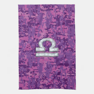 Modern Libra Zodiac Symbol on Fuchsia Digital Camo Kitchen Towel