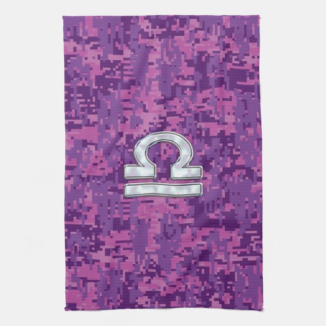 Modern Libra Zodiac Symbol on Fuchsia Digital Camo Kitchen Towel (Vertical)