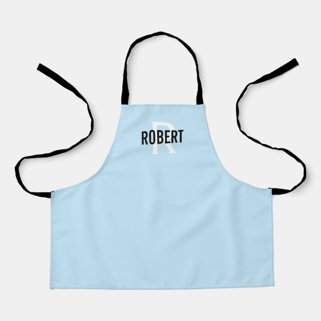 Modern liegt bluel black monogram boy name apron (Front)