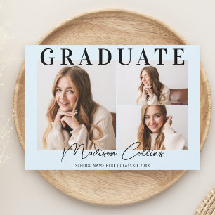 Modern Light Blue 3 Photo Graduation Party Invitation