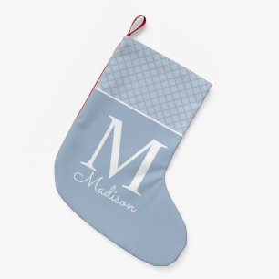 Modern light blue chequered pattern name monogram small christmas stocking