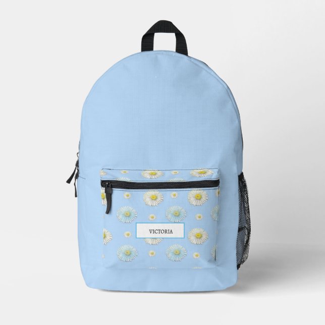 Modern Light Blue & Daisy Meadow Personalized Printed Backpack (Front)